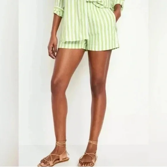 Old Navy Linen Blend Green White Striped Casual Lagenlook Pull On Shorts - Picture 1 of 12
